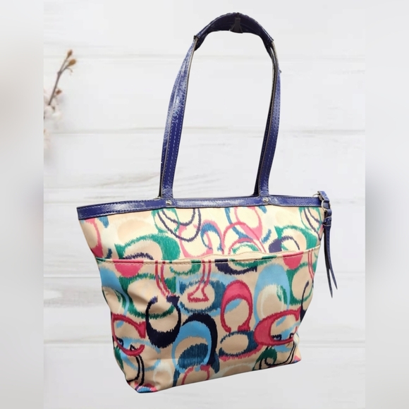 Gently Used Coach Signature Stripe Ikat Print Canvas Royal Blue Trimmed Tote Bag - Picture 2 of 16